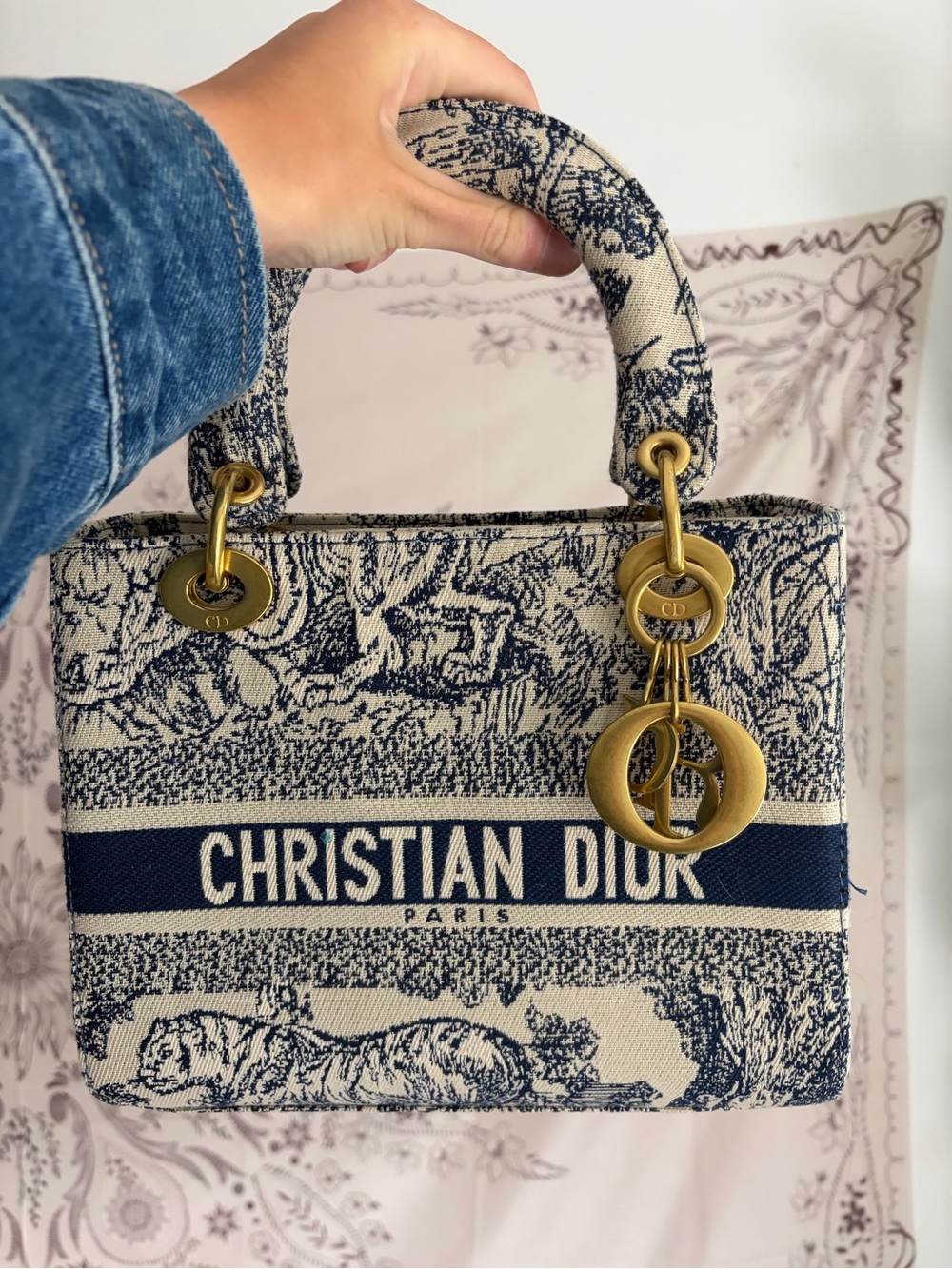 Dior Toile de Jouy Mini Tote in Navy and Cream with Gold Hardware